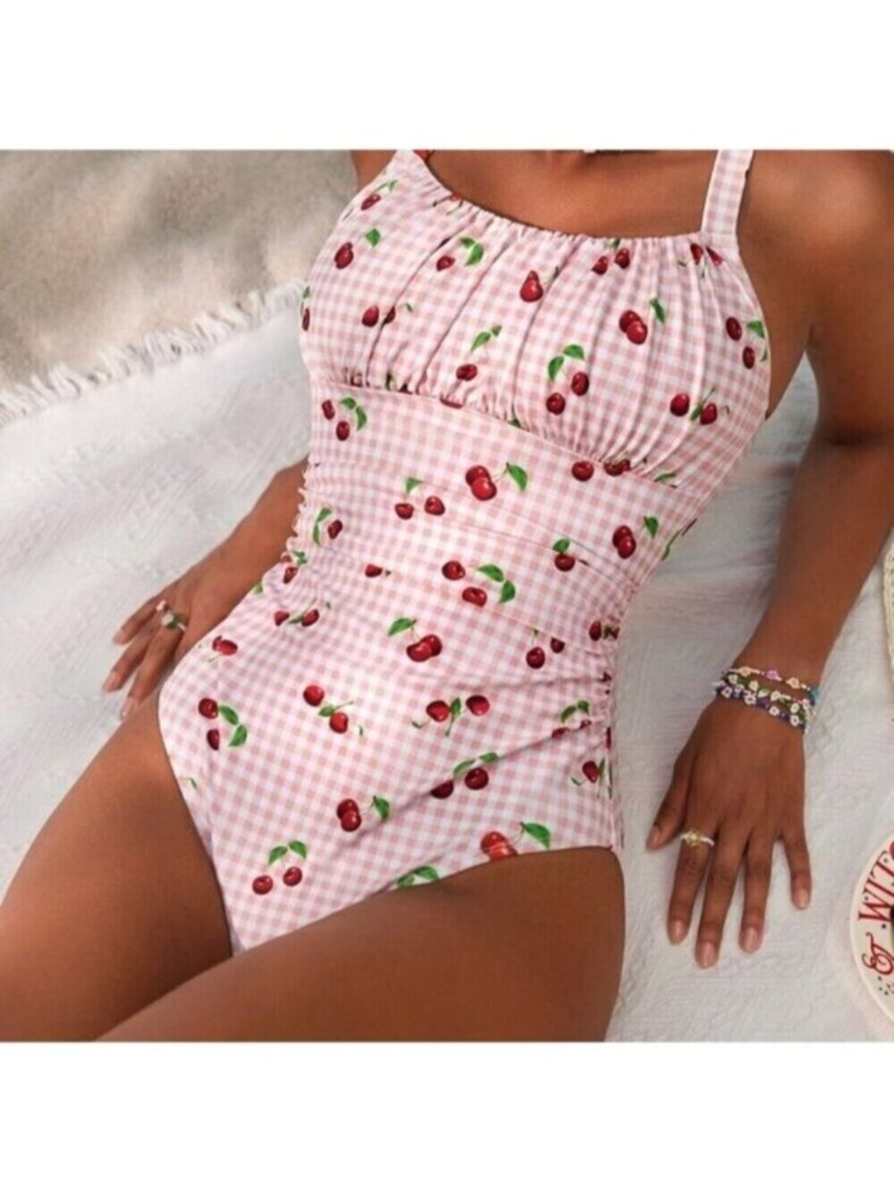Multicolor Casual Women's Plaid Cherry Print One-Piece Swimsuit